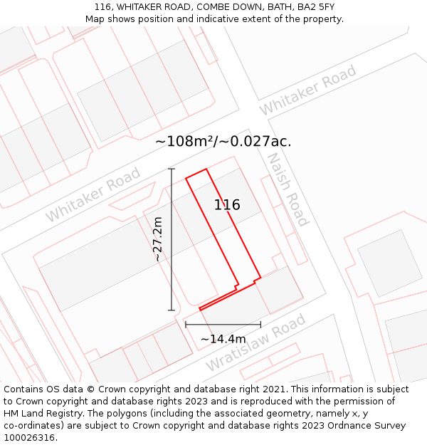 116, WHITAKER ROAD, COMBE DOWN, BATH, BA2 5FY: Plot and title map