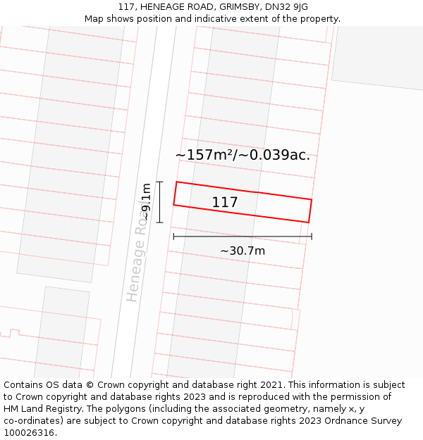 117, HENEAGE ROAD, GRIMSBY, DN32 9JG: Plot and title map