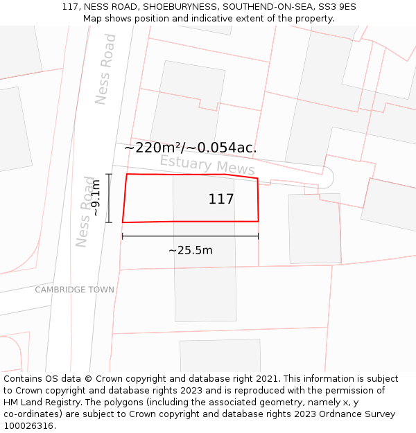 117, NESS ROAD, SHOEBURYNESS, SOUTHEND-ON-SEA, SS3 9ES: Plot and title map