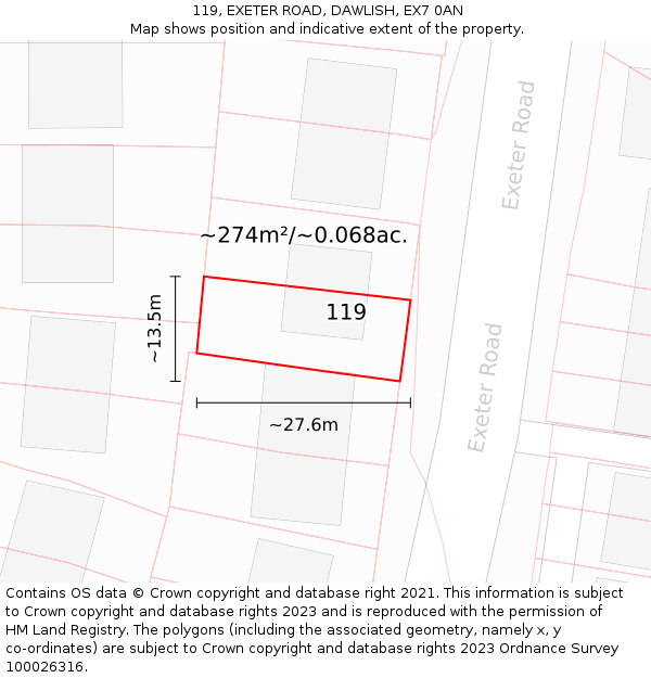 119, EXETER ROAD, DAWLISH, EX7 0AN: Plot and title map