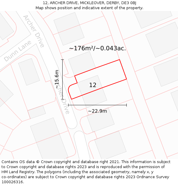12, ARCHER DRIVE, MICKLEOVER, DERBY, DE3 0BJ: Plot and title map