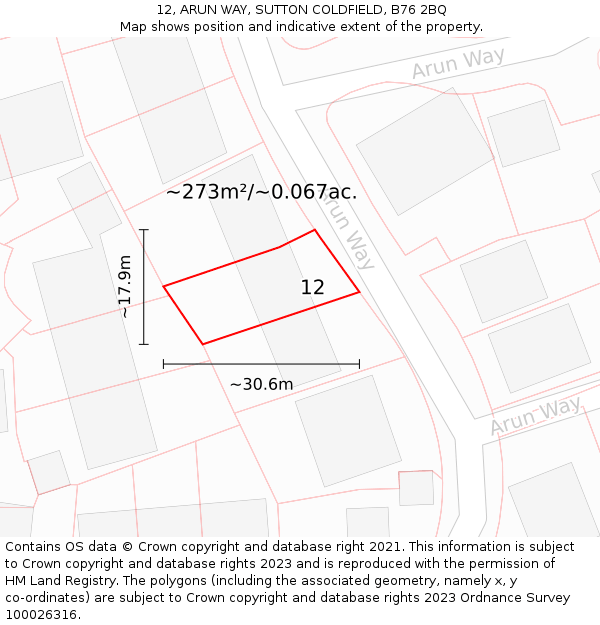 12, ARUN WAY, SUTTON COLDFIELD, B76 2BQ: Plot and title map