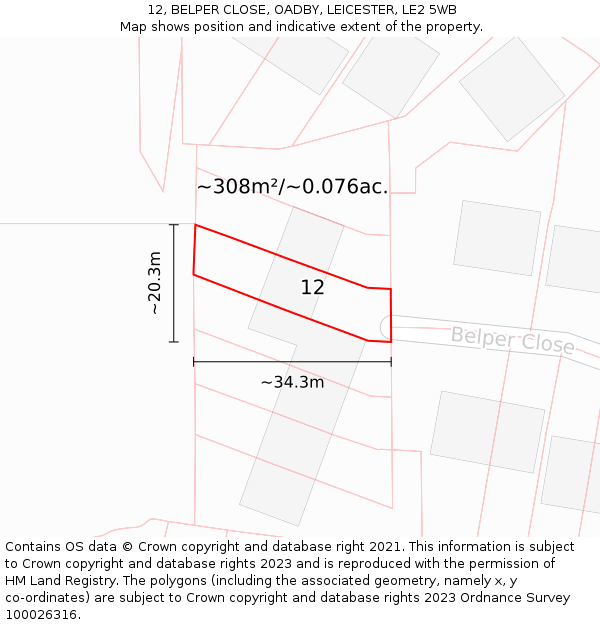 12, BELPER CLOSE, OADBY, LEICESTER, LE2 5WB: Plot and title map