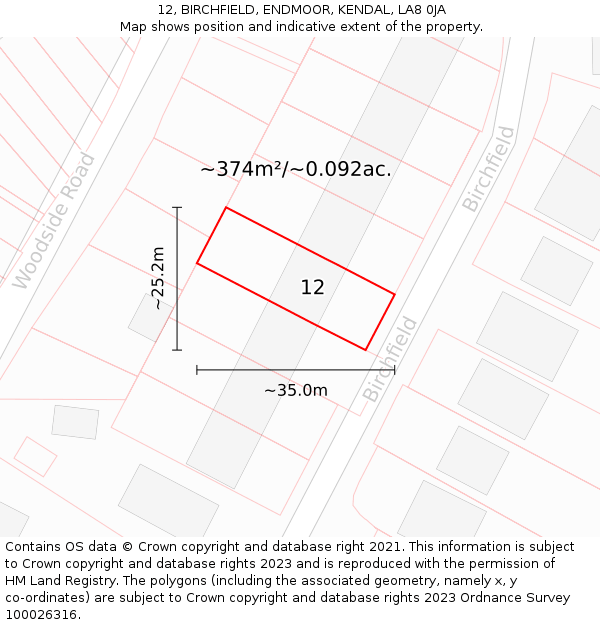 12, BIRCHFIELD, ENDMOOR, KENDAL, LA8 0JA: Plot and title map