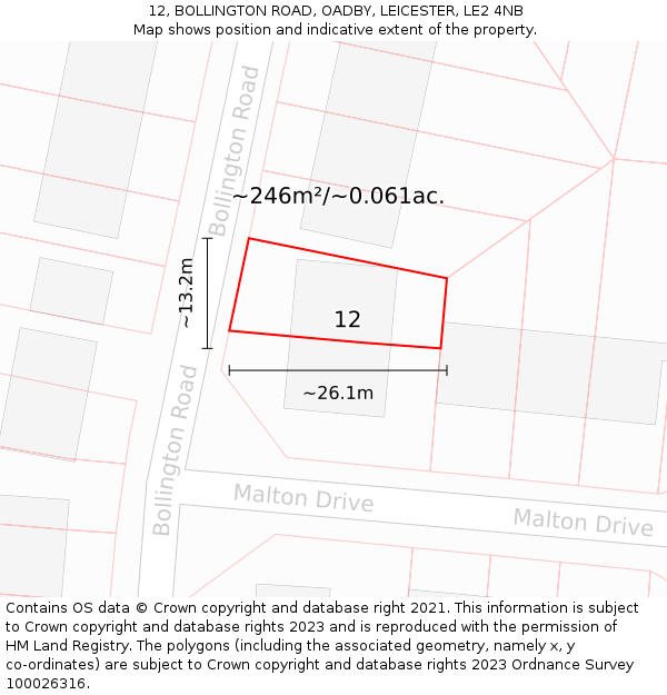 12, BOLLINGTON ROAD, OADBY, LEICESTER, LE2 4NB: Plot and title map