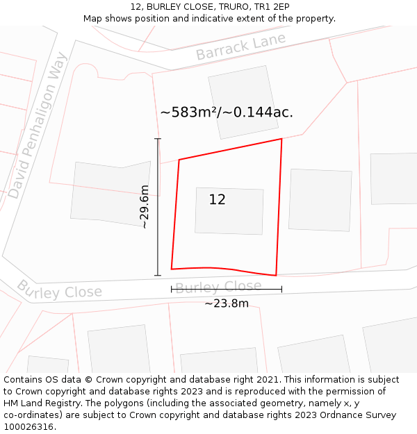 12, BURLEY CLOSE, TRURO, TR1 2EP: Plot and title map