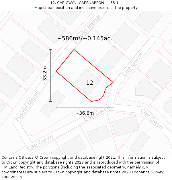 12, CAE GWYN, CAERNARFON, LL55 1LL: Plot and title map