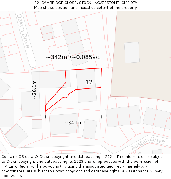 12, CAMBRIDGE CLOSE, STOCK, INGATESTONE, CM4 9FA: Plot and title map