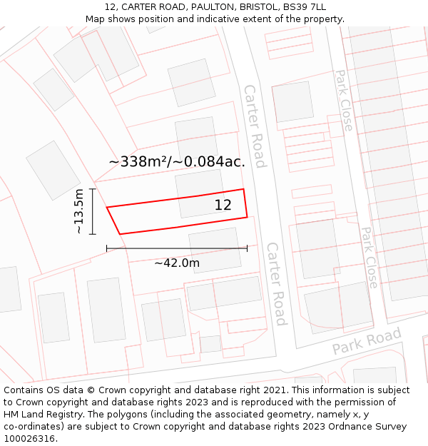 12, CARTER ROAD, PAULTON, BRISTOL, BS39 7LL: Plot and title map