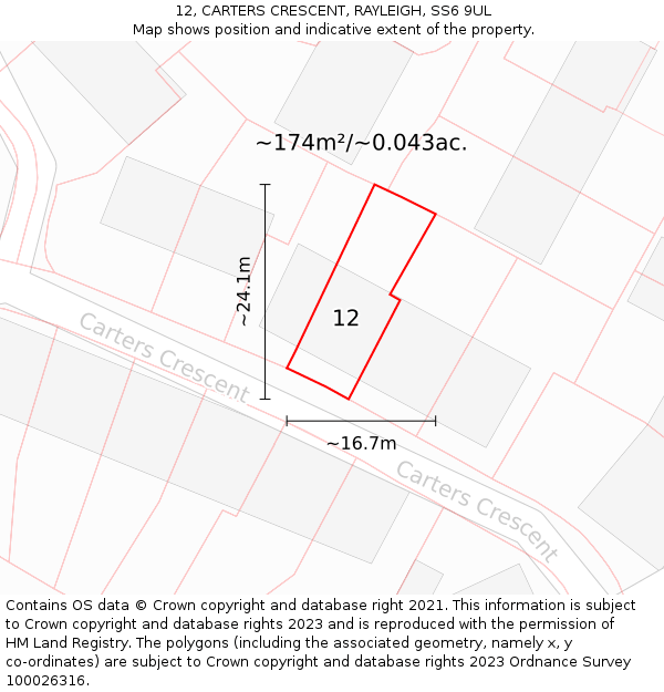 12, CARTERS CRESCENT, RAYLEIGH, SS6 9UL: Plot and title map