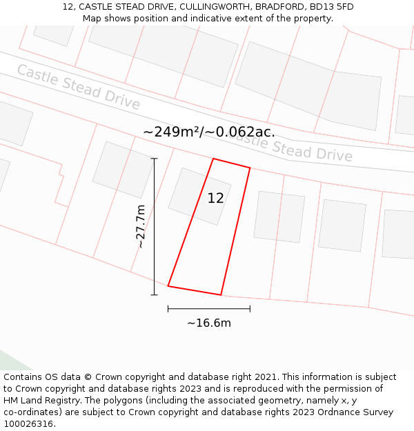 12, CASTLE STEAD DRIVE, CULLINGWORTH, BRADFORD, BD13 5FD: Plot and title map