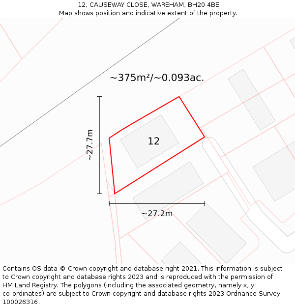 12, CAUSEWAY CLOSE, WAREHAM, BH20 4BE: Plot and title map