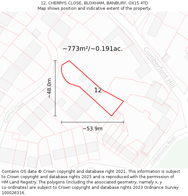 12, CHERRYS CLOSE, BLOXHAM, BANBURY, OX15 4TD: Plot and title map