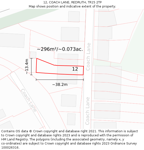 12, COACH LANE, REDRUTH, TR15 2TP: Plot and title map