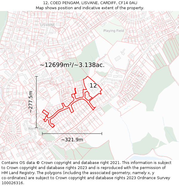 12, COED PENGAM, LISVANE, CARDIFF, CF14 0AU: Plot and title map