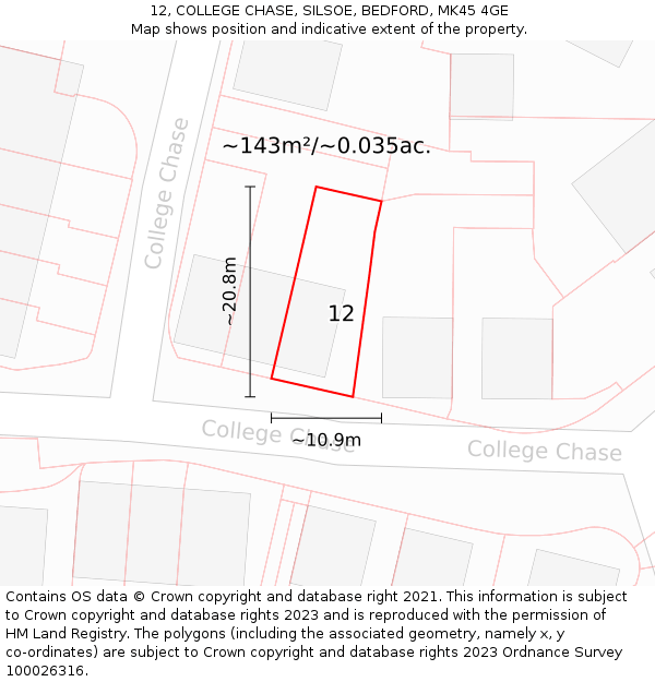 12, COLLEGE CHASE, SILSOE, BEDFORD, MK45 4GE: Plot and title map