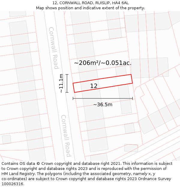 12, CORNWALL ROAD, RUISLIP, HA4 6AL: Plot and title map