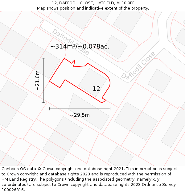 12, DAFFODIL CLOSE, HATFIELD, AL10 9FF: Plot and title map