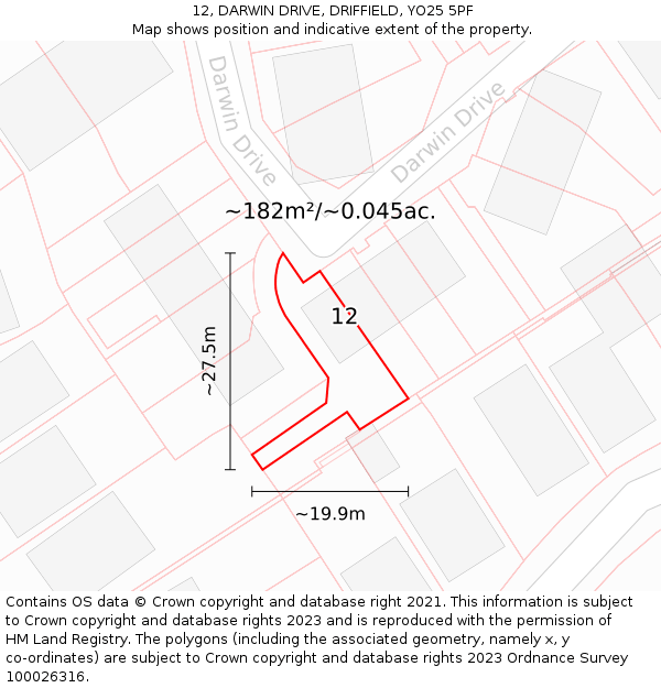 12, DARWIN DRIVE, DRIFFIELD, YO25 5PF: Plot and title map
