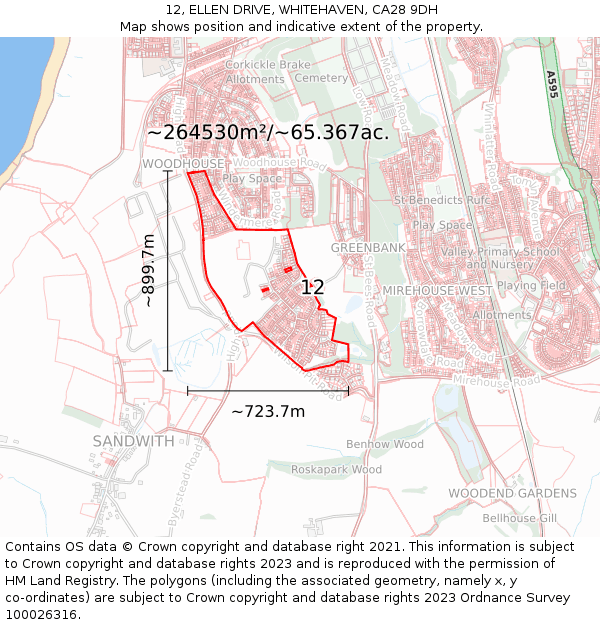 12, ELLEN DRIVE, WHITEHAVEN, CA28 9DH: Plot and title map