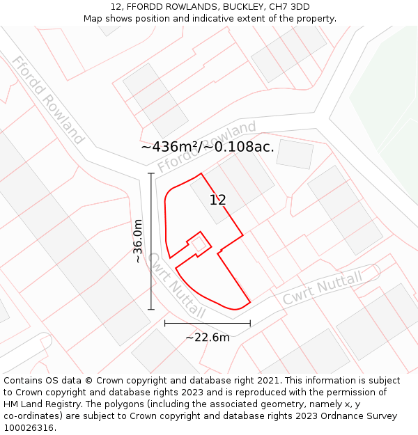 12, FFORDD ROWLANDS, BUCKLEY, CH7 3DD: Plot and title map