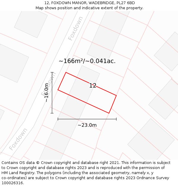 12, FOXDOWN MANOR, WADEBRIDGE, PL27 6BD: Plot and title map