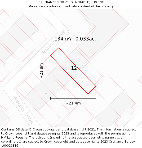 12, FRANCES DRIVE, DUNSTABLE, LU6 1GE: Plot and title map