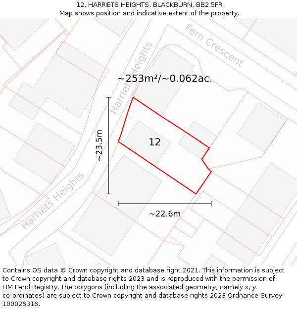 12, HARRIETS HEIGHTS, BLACKBURN, BB2 5FR: Plot and title map