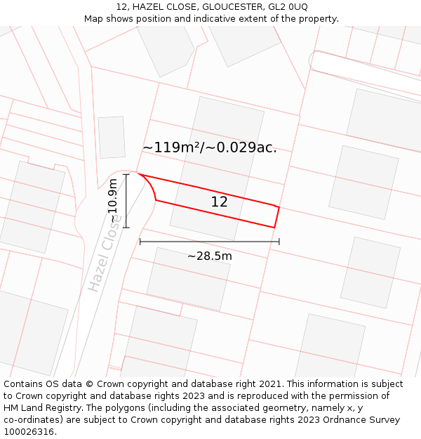12, HAZEL CLOSE, GLOUCESTER, GL2 0UQ: Plot and title map