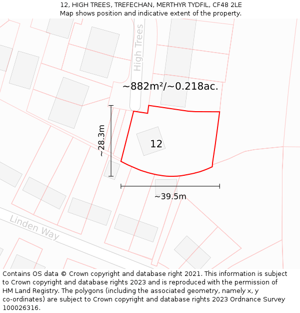 12, HIGH TREES, TREFECHAN, MERTHYR TYDFIL, CF48 2LE: Plot and title map
