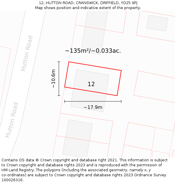 12, HUTTON ROAD, CRANSWICK, DRIFFIELD, YO25 9PJ: Plot and title map