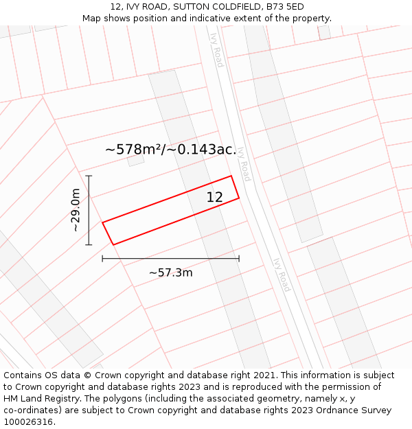 12, IVY ROAD, SUTTON COLDFIELD, B73 5ED: Plot and title map