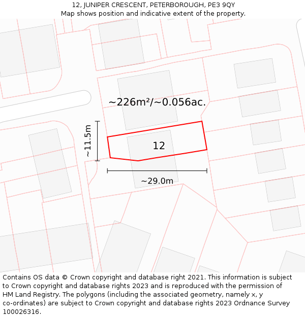 12, JUNIPER CRESCENT, PETERBOROUGH, PE3 9QY: Plot and title map