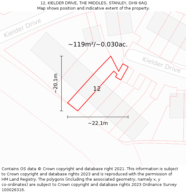 12, KIELDER DRIVE, THE MIDDLES, STANLEY, DH9 6AQ: Plot and title map