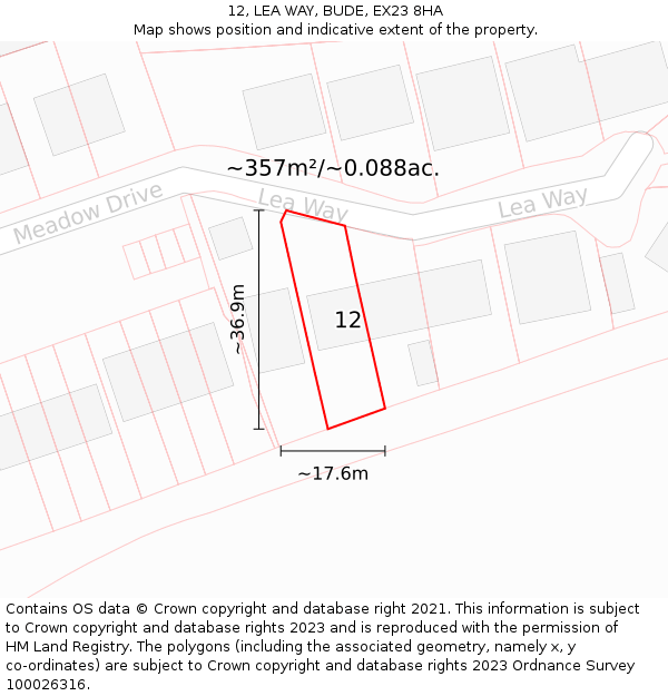 12, LEA WAY, BUDE, EX23 8HA: Plot and title map