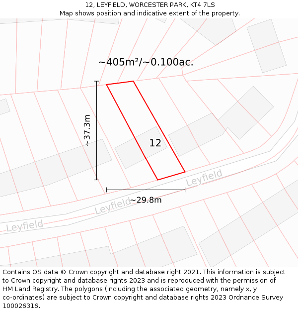 12, LEYFIELD, WORCESTER PARK, KT4 7LS: Plot and title map