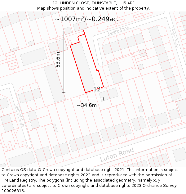12, LINDEN CLOSE, DUNSTABLE, LU5 4PF: Plot and title map