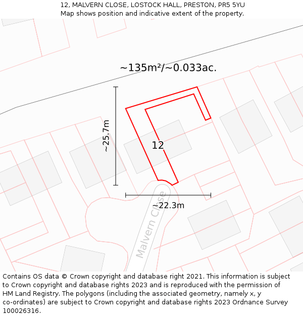 12, MALVERN CLOSE, LOSTOCK HALL, PRESTON, PR5 5YU: Plot and title map