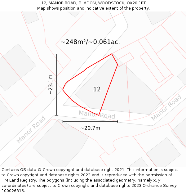 12, MANOR ROAD, BLADON, WOODSTOCK, OX20 1RT: Plot and title map