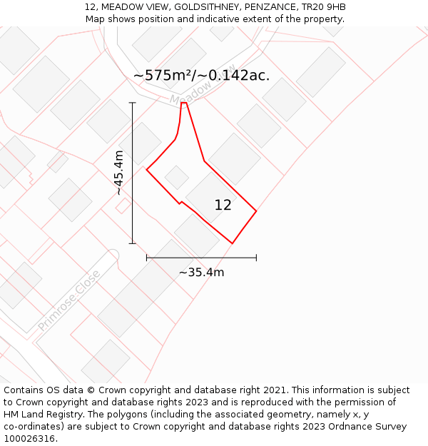 12, MEADOW VIEW, GOLDSITHNEY, PENZANCE, TR20 9HB: Plot and title map