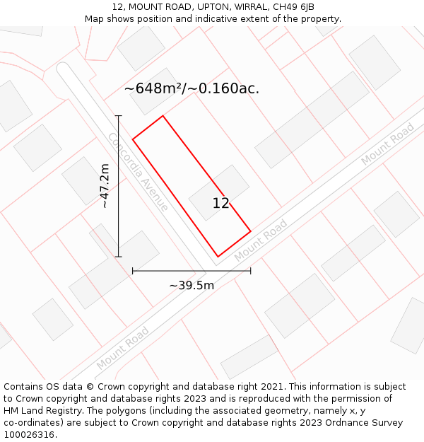 12, MOUNT ROAD, UPTON, WIRRAL, CH49 6JB: Plot and title map