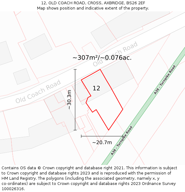 12, OLD COACH ROAD, CROSS, AXBRIDGE, BS26 2EF: Plot and title map