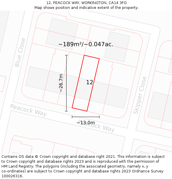 12, PEACOCK WAY, WORKINGTON, CA14 3FG: Plot and title map