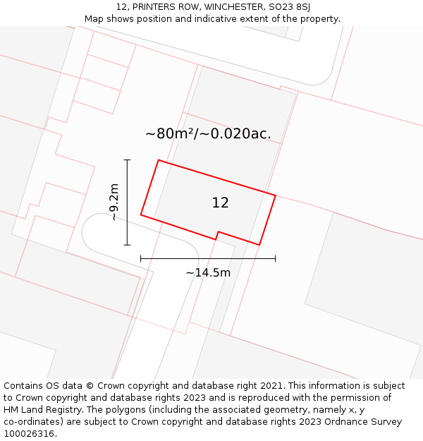 12, PRINTERS ROW, WINCHESTER, SO23 8SJ: Plot and title map