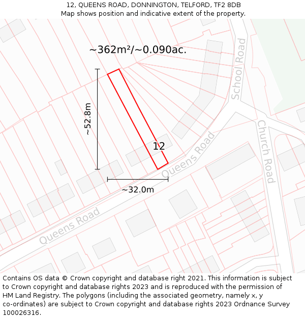12, QUEENS ROAD, DONNINGTON, TELFORD, TF2 8DB: Plot and title map