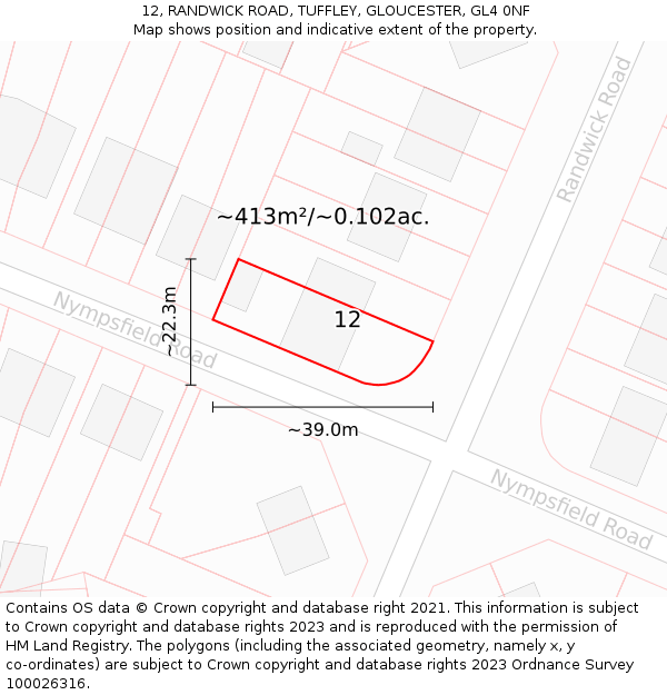 12, RANDWICK ROAD, TUFFLEY, GLOUCESTER, GL4 0NF: Plot and title map