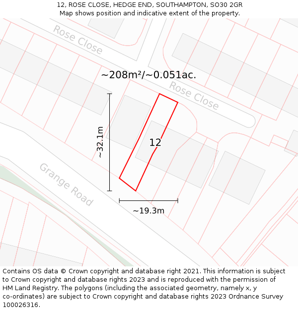 12, ROSE CLOSE, HEDGE END, SOUTHAMPTON, SO30 2GR: Plot and title map