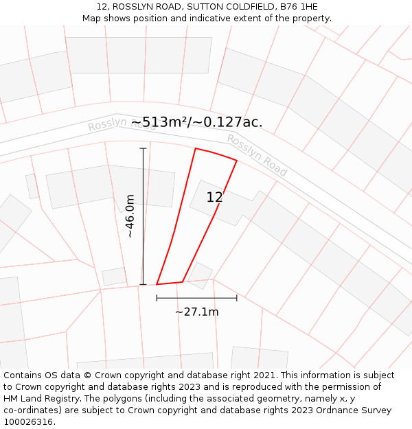 12, ROSSLYN ROAD, SUTTON COLDFIELD, B76 1HE: Plot and title map