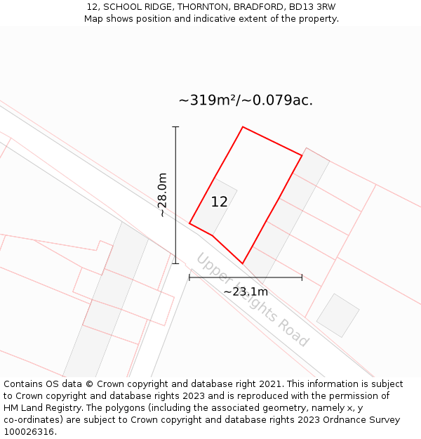 12, SCHOOL RIDGE, THORNTON, BRADFORD, BD13 3RW: Plot and title map