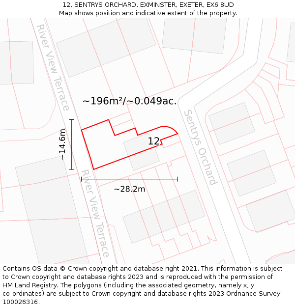 12, SENTRYS ORCHARD, EXMINSTER, EXETER, EX6 8UD: Plot and title map